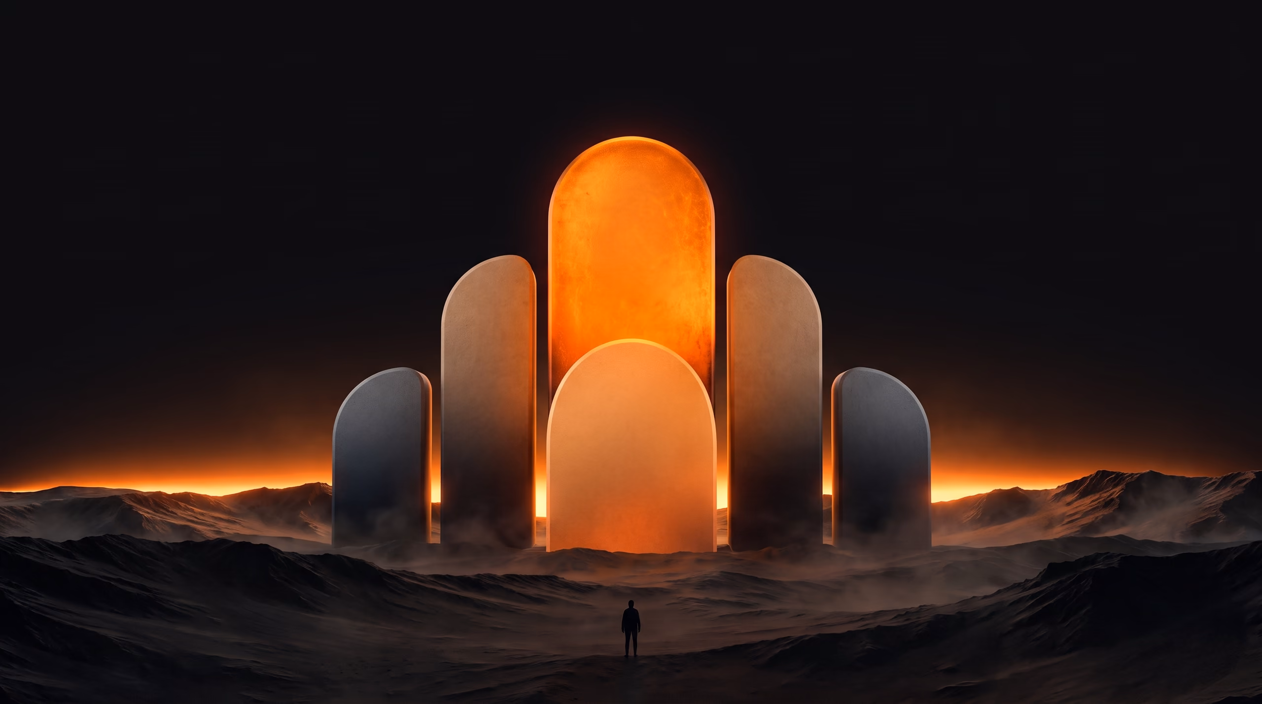 A vast monument of five glowing arches — the AntCluster mark — standing on a dark plain, with a single person looking up at it.